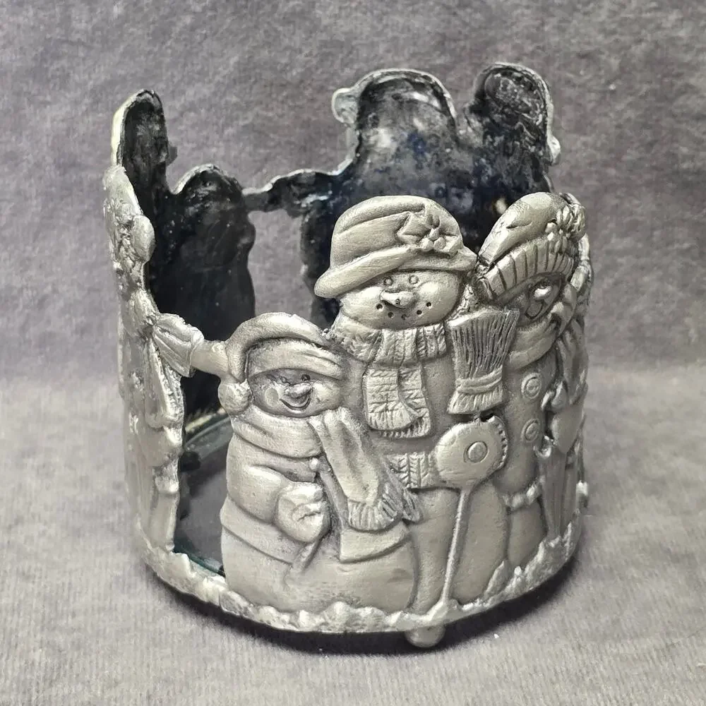Christmas Snowman Family Holiday Silver Pewter Metal Candle Holder